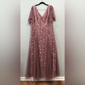 V Neck Ruffle Sleeves Sequin Maxi Evening Dress 4XL